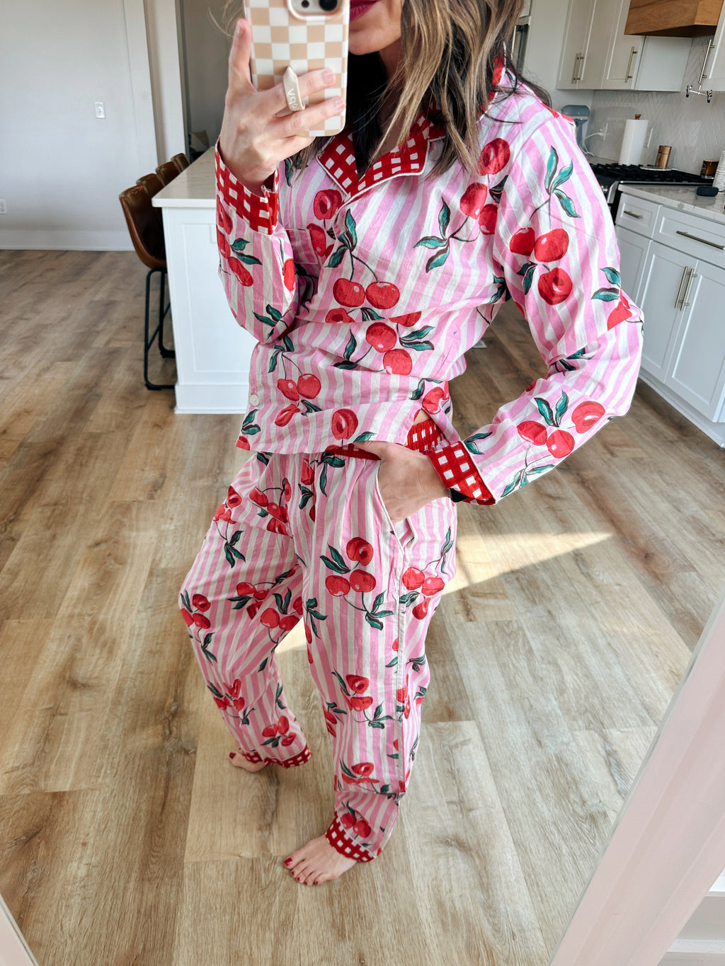 Women's Cotton Pajama Set - Pink Striped Cherry Print