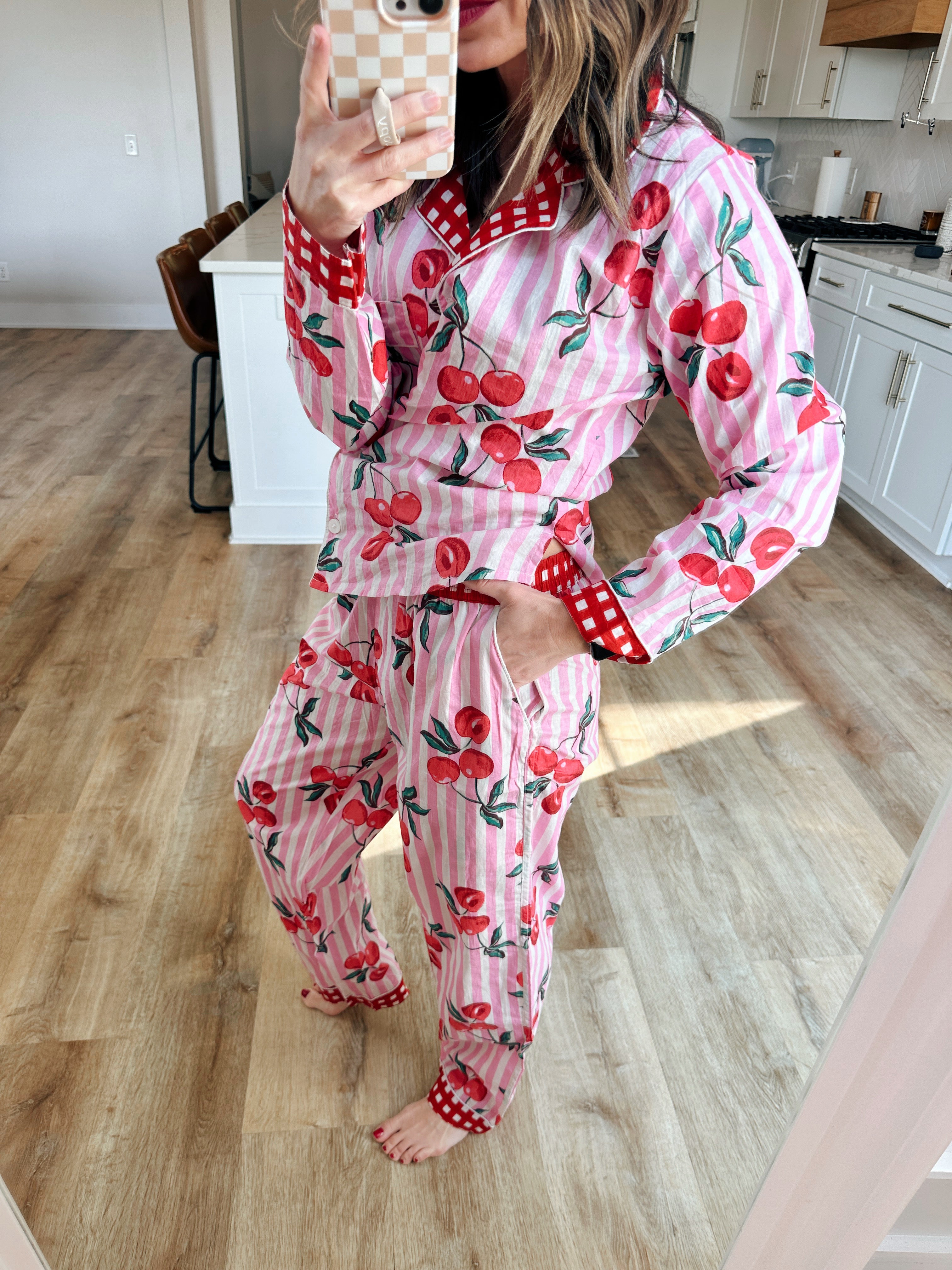 Women's Cotton Pajama Set - Pink Striped Cherry Print
