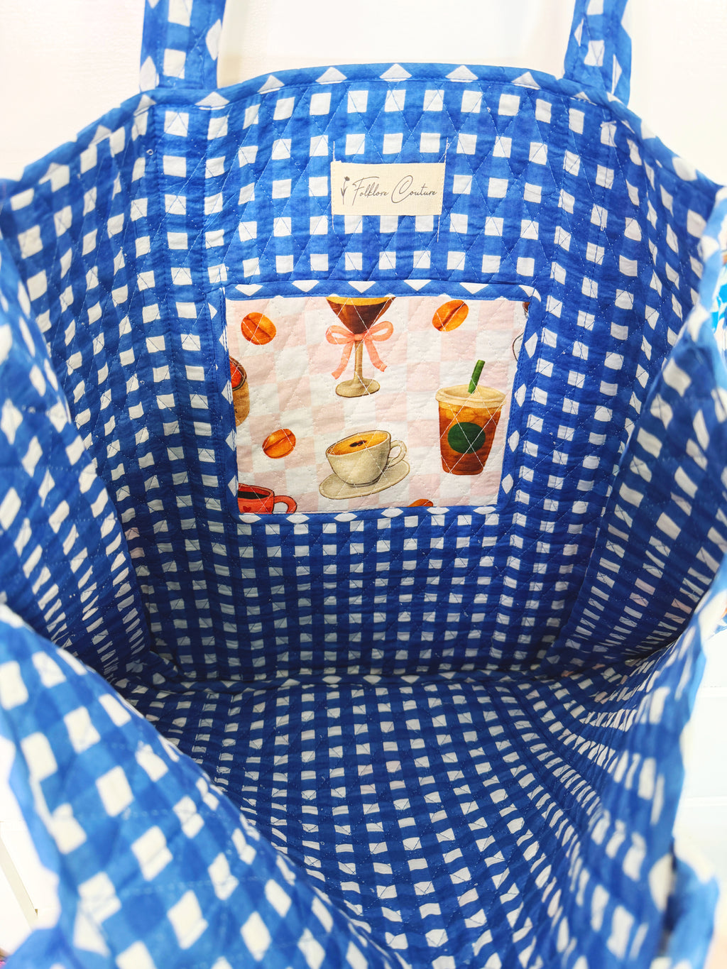 Quilted Cotton Reversible Large Tote Bag - Coffee Shop Print