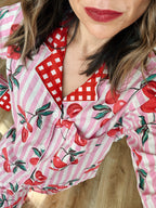 Women's Cotton Pajama Set - Pink Striped Cherry Print