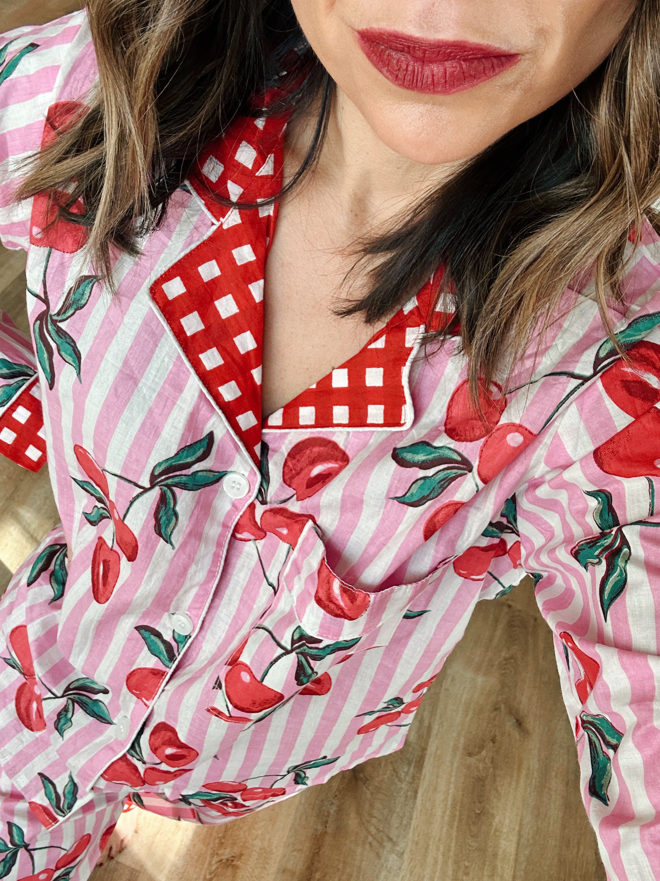 Women's Cotton Pajama Set - Pink Striped Cherry Print