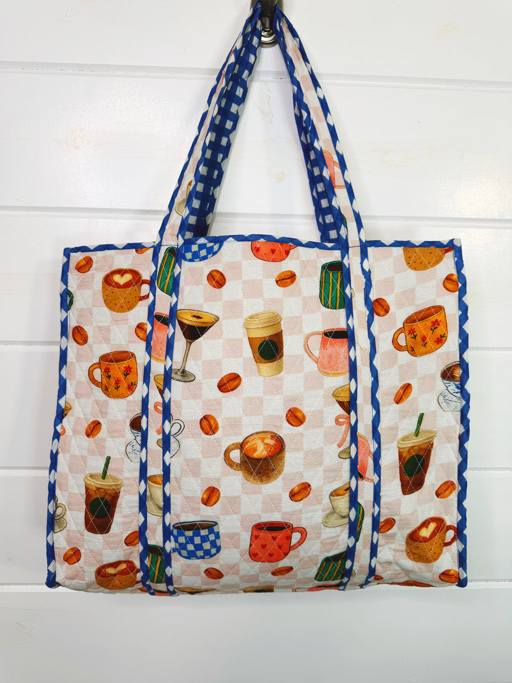 Quilted Cotton Reversible Large Tote Bag - Coffee Shop Print