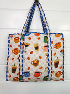 Quilted Cotton Reversible Large Tote Bag - Coffee Shop Print