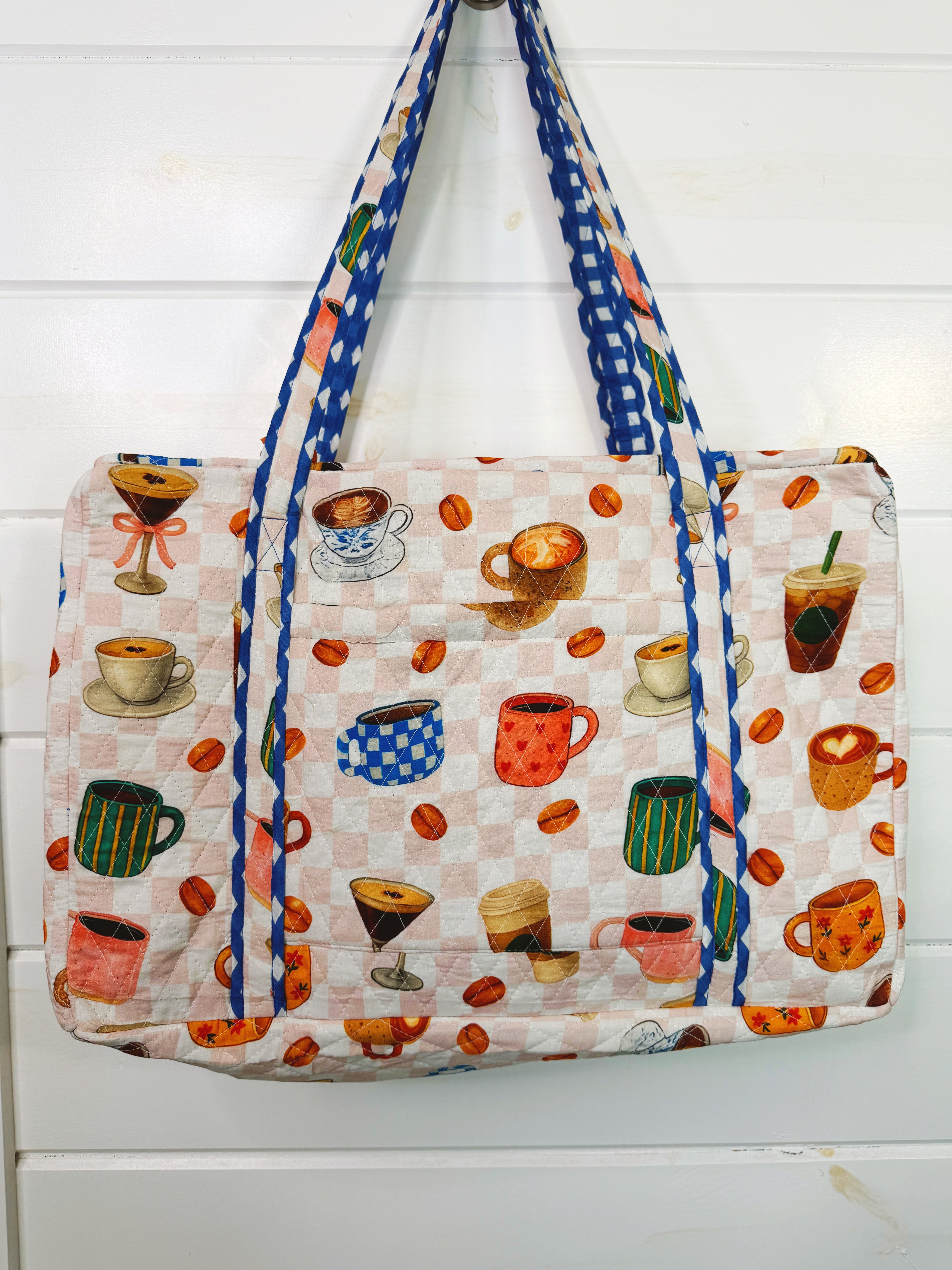 Quilted Weekender Duffle Overnight Bag - Coffee Shop Print