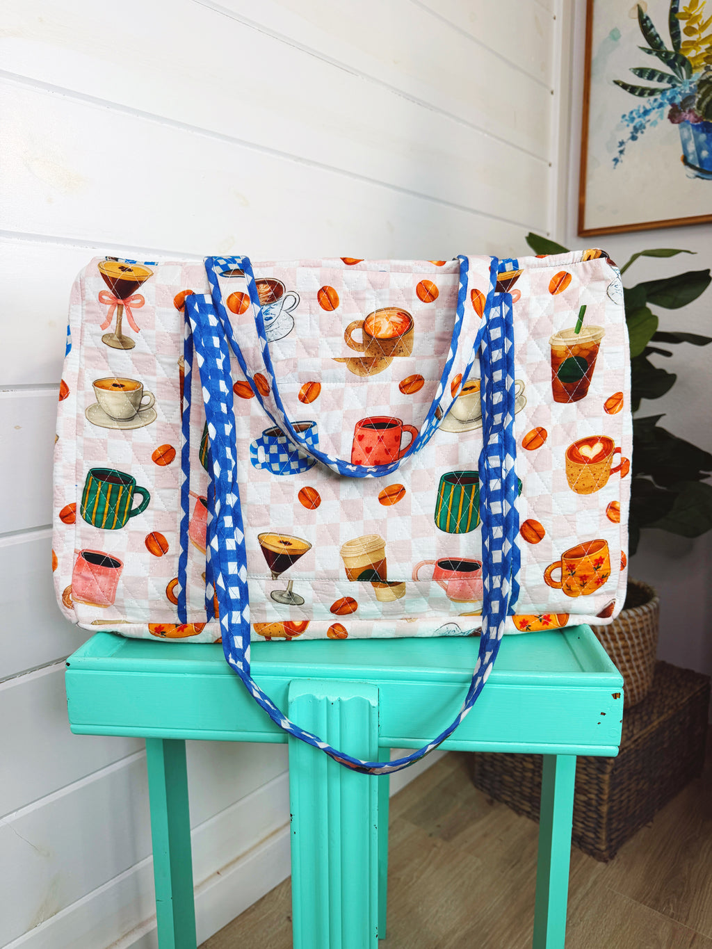 Quilted Weekender Duffle Overnight Bag - Coffee Shop Print