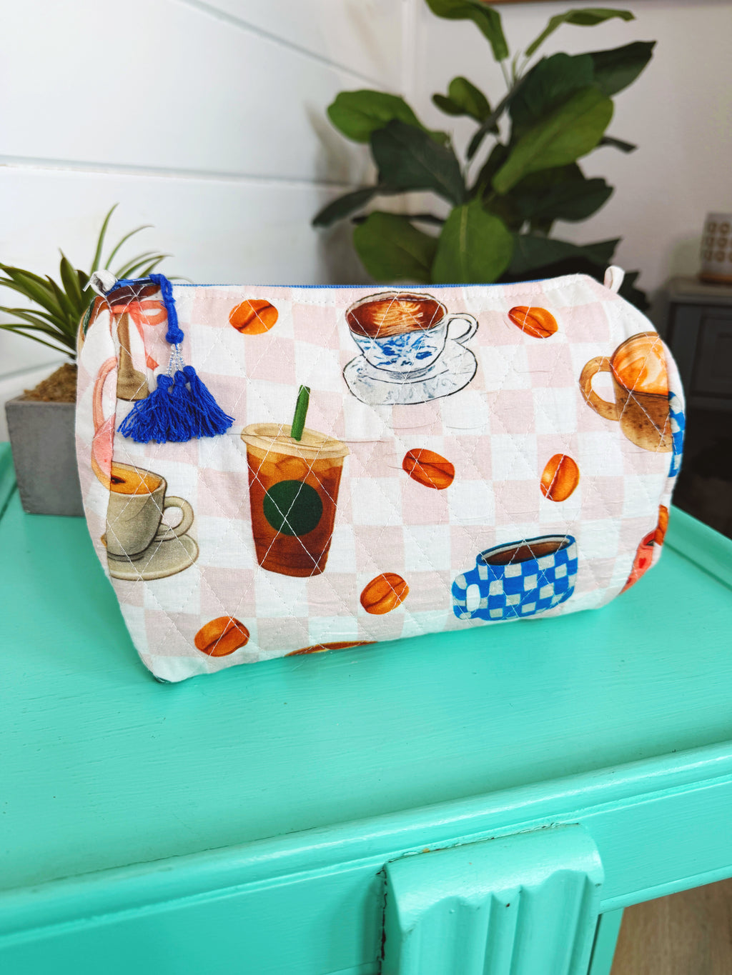 Quilted Makeup Cosmetics Toiletry Bag - Coffee Shop Print