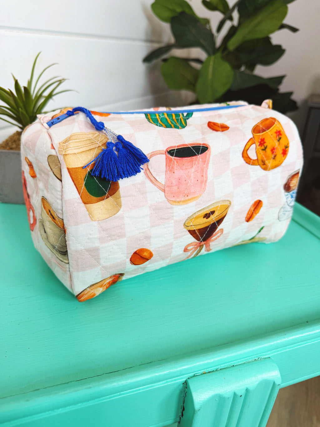 Quilted Makeup Cosmetics Toiletry Bag - Coffee Shop Print