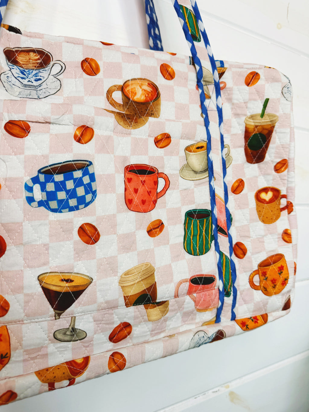 Quilted Weekender Duffle Overnight Bag - Coffee Shop Print