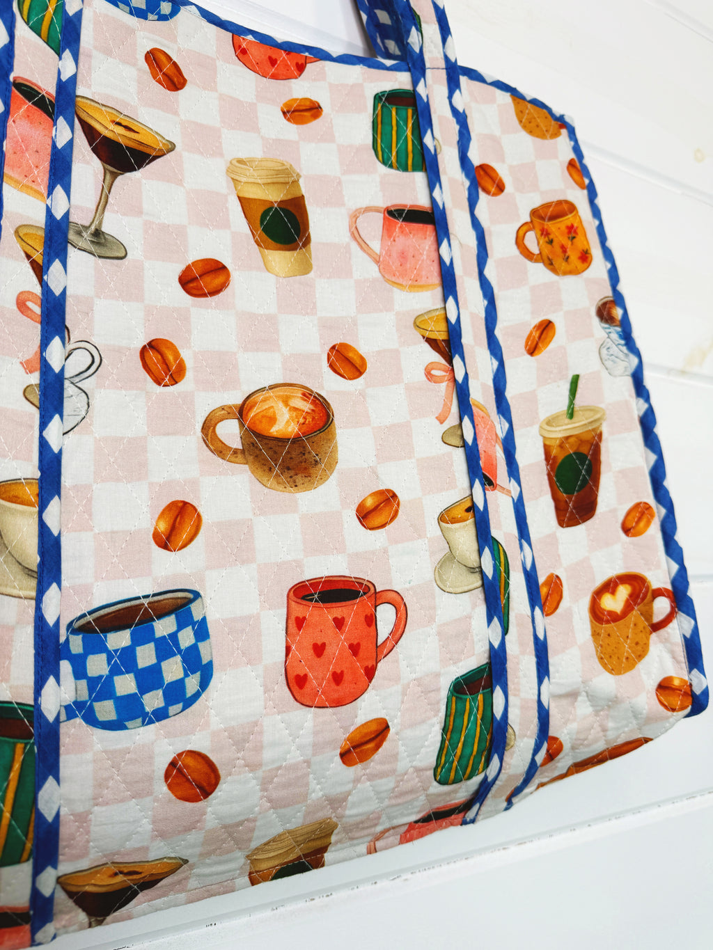 Quilted Cotton Reversible Large Tote Bag - Coffee Shop Print