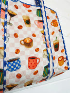 Quilted Cotton Reversible Large Tote Bag - Coffee Shop Print