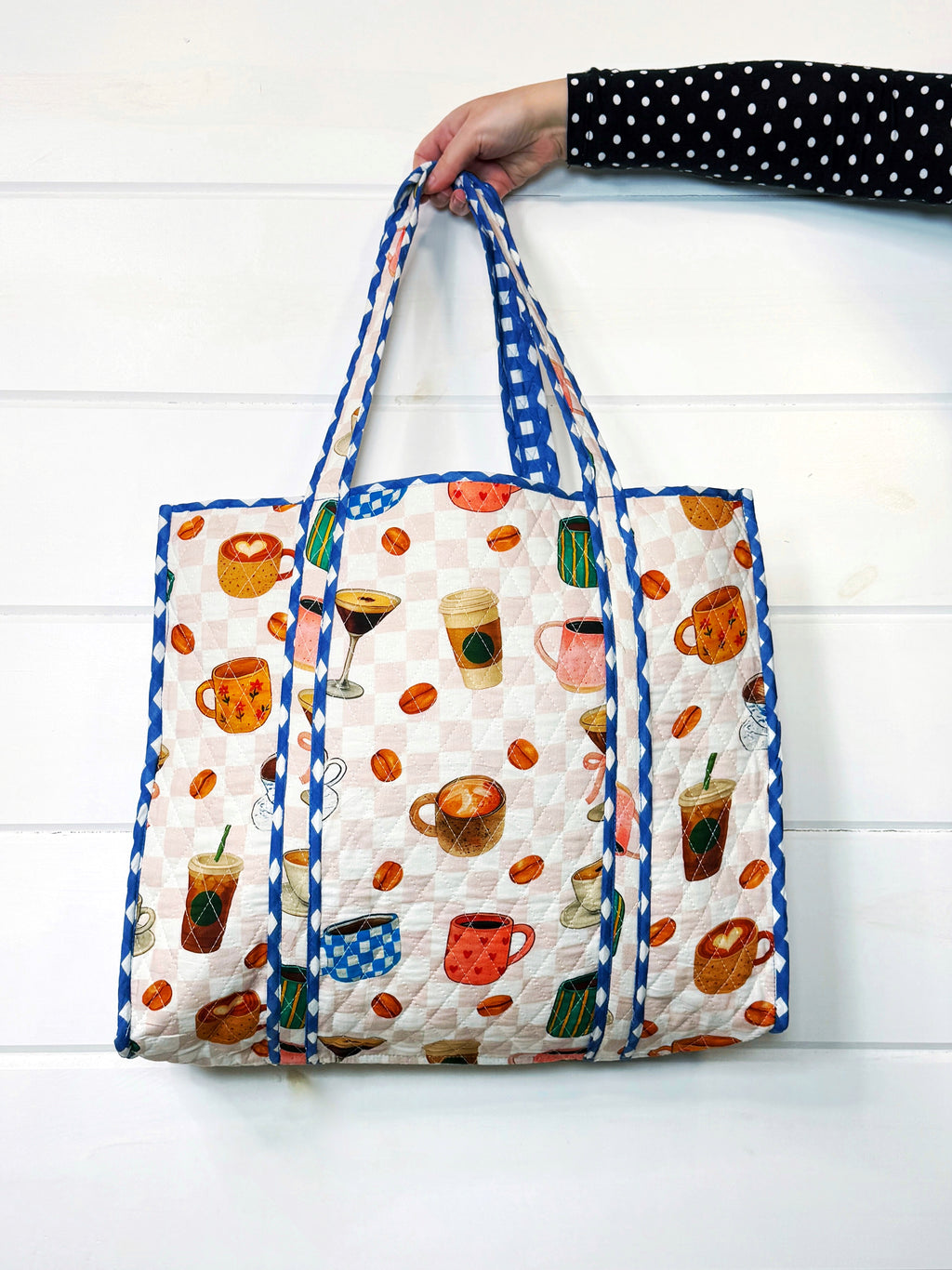 Quilted Cotton Reversible Large Tote Bag - Coffee Shop Print