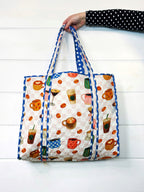 Quilted Cotton Reversible Large Tote Bag - Coffee Shop Print
