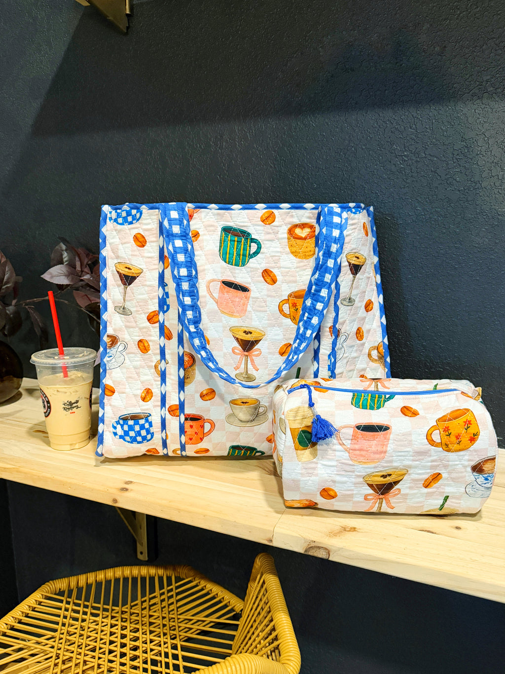 Quilted Cotton Reversible Large Tote Bag - Coffee Shop Print
