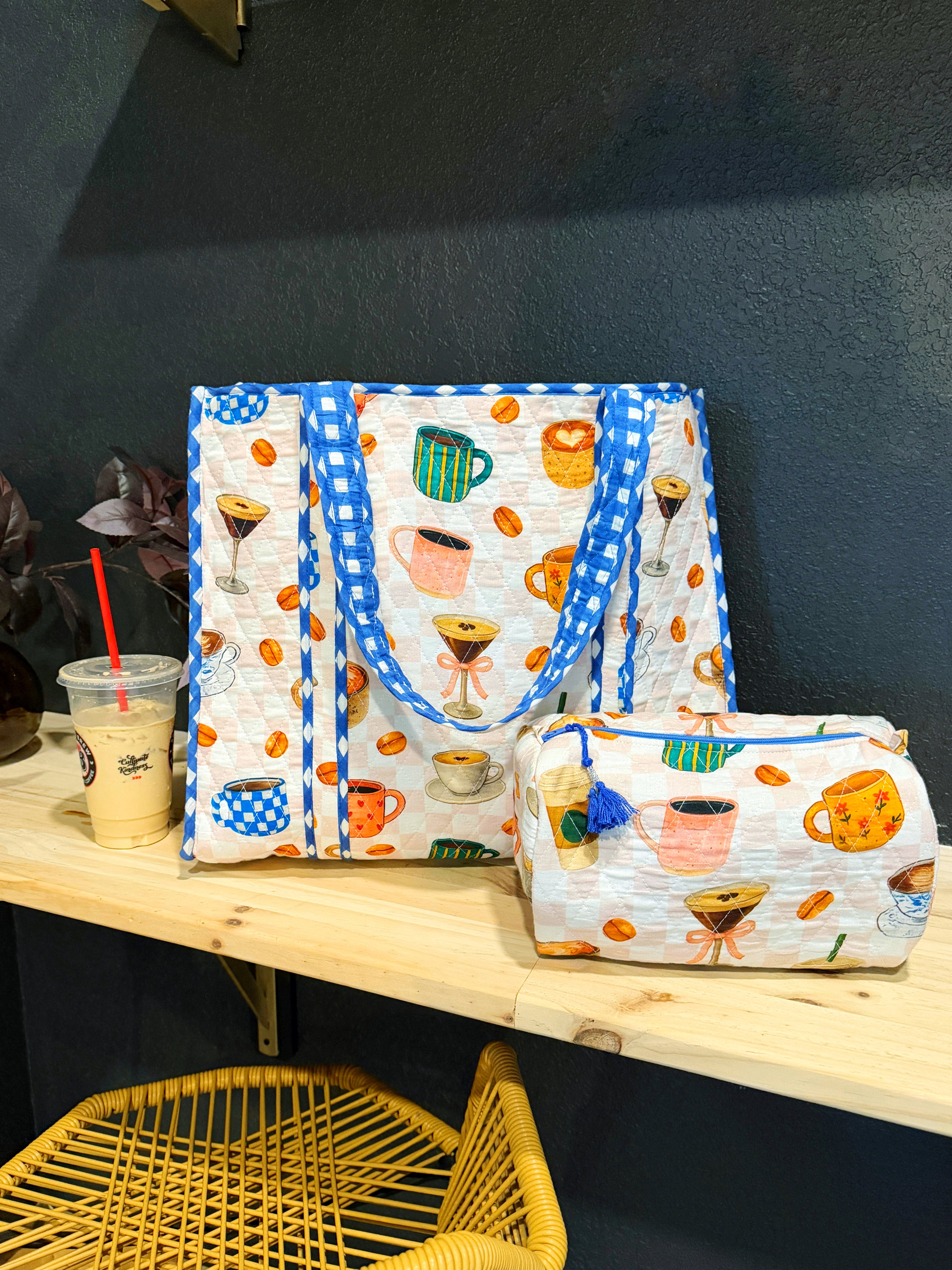 Quilted Cotton Reversible Large Tote Bag - Coffee Shop Print