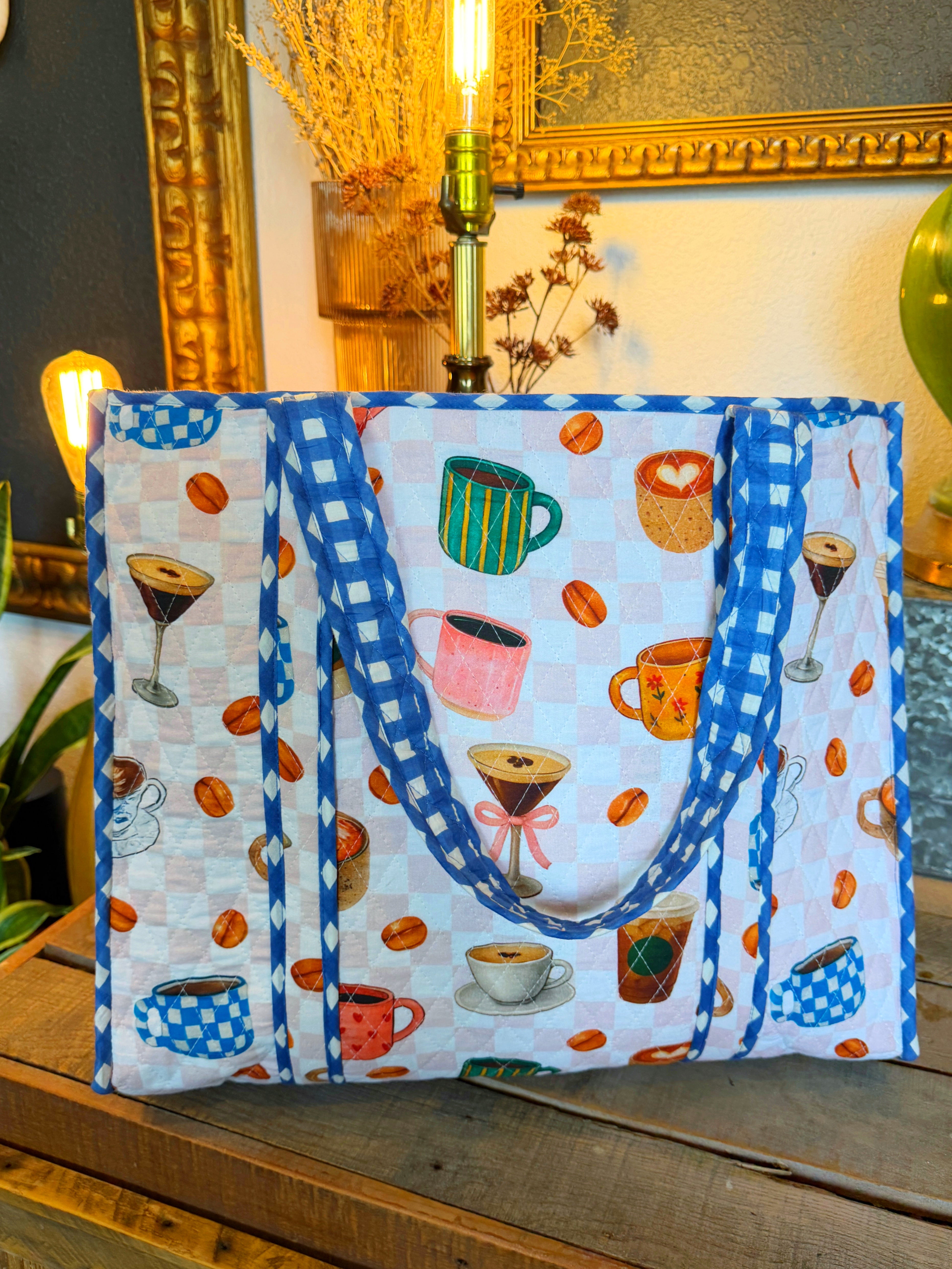 Quilted Cotton Reversible Large Tote Bag - Coffee Shop Print