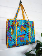 Quilted Cotton Reversible Large Tote Bag - Aqua Tropical Jaguar