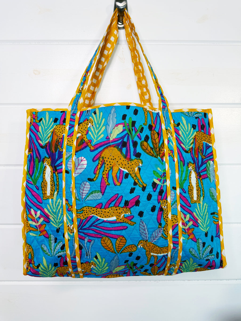 Quilted Cotton Reversible Large Tote Bag - Aqua Tropical Jaguar