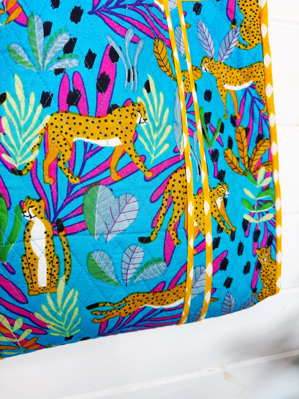 Quilted Cotton Reversible Large Tote Bag - Aqua Tropical Jaguar