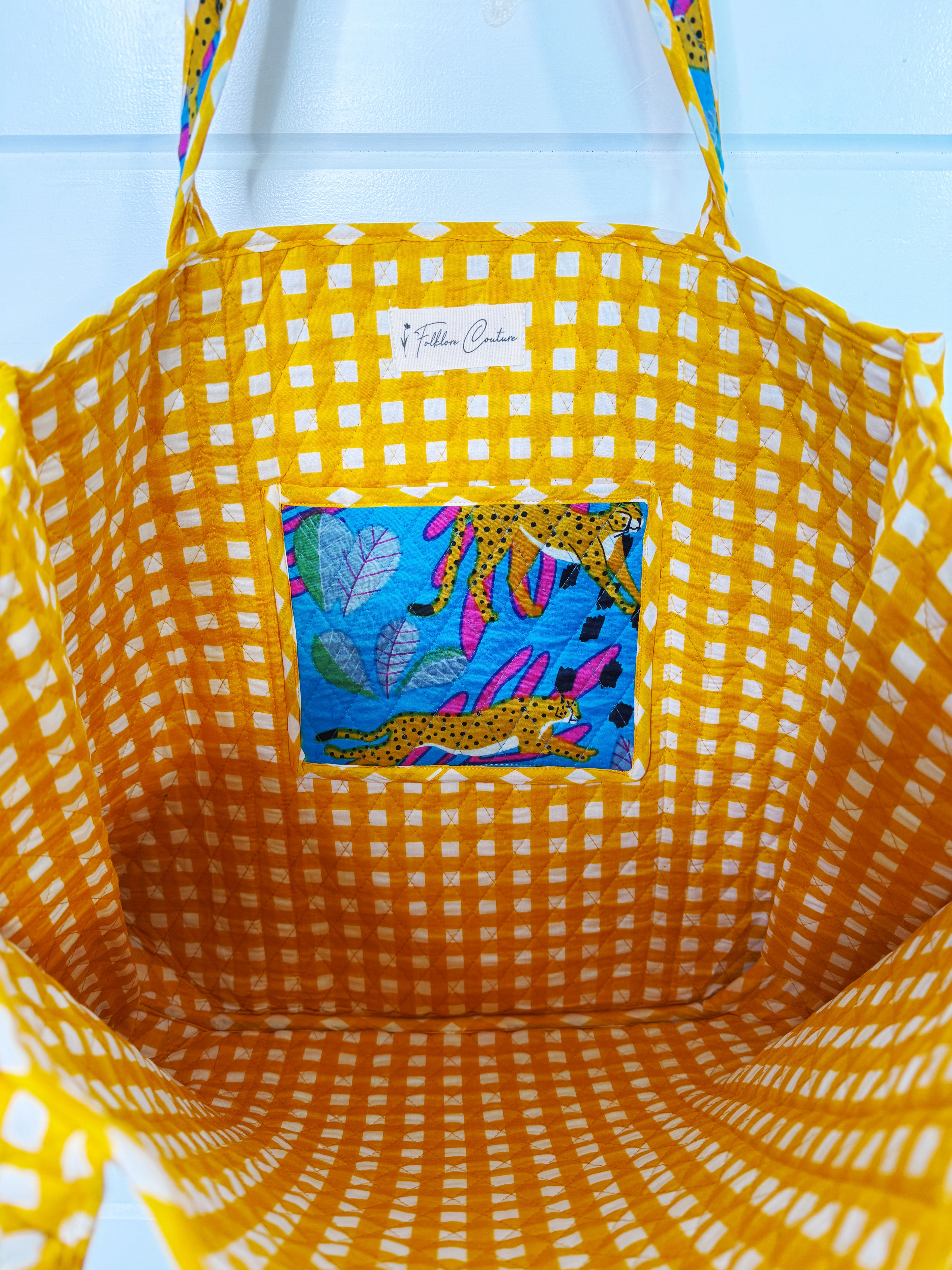 Quilted Cotton Reversible Large Tote Bag - Aqua Tropical Jaguar
