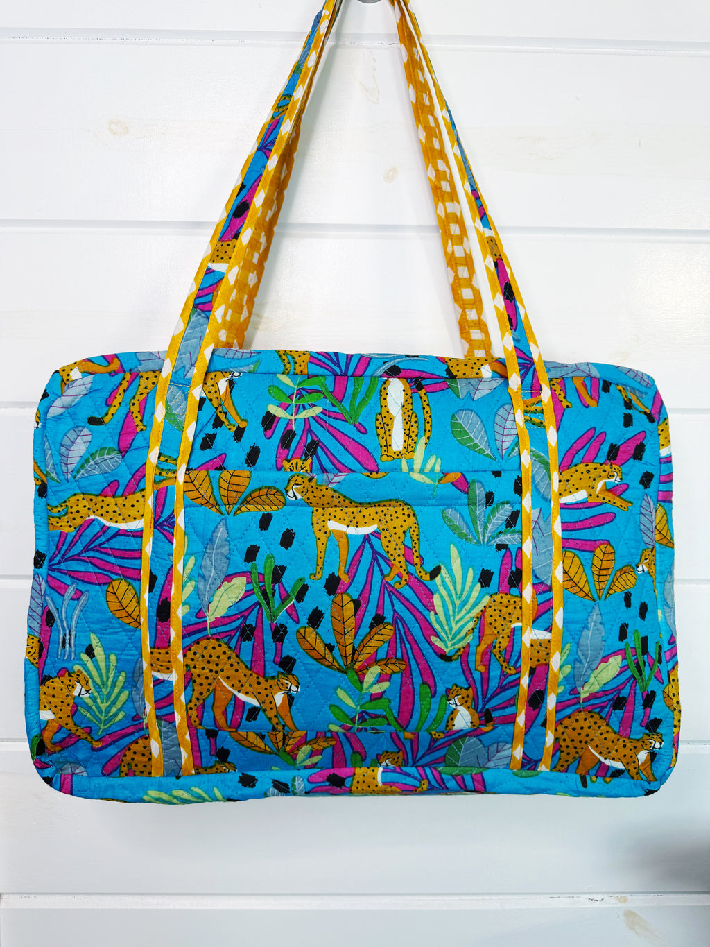 Quilted Weekender Duffle Overnight Bag - Aqua Tropical Jaguar