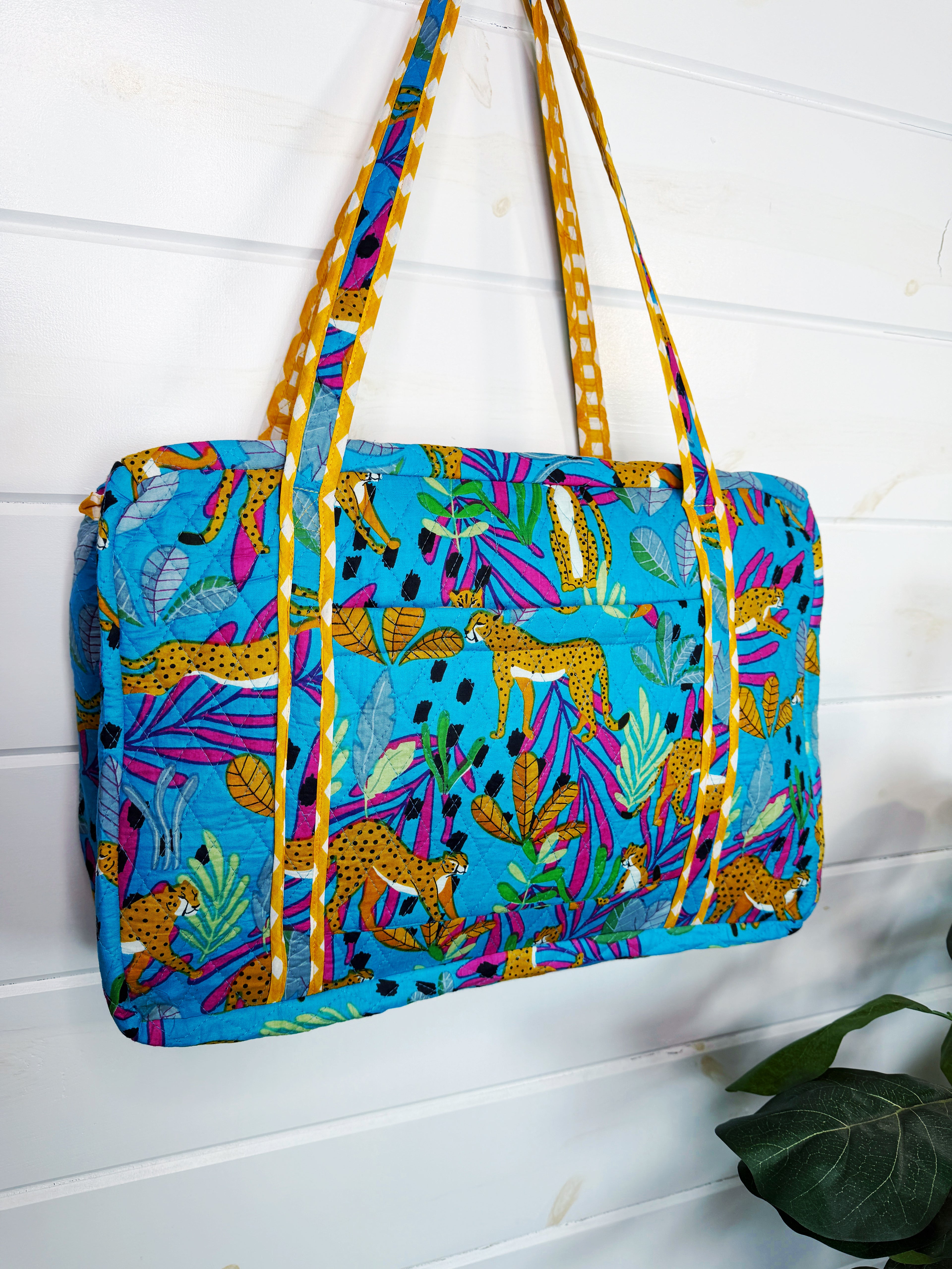 Quilted Weekender Duffle Overnight Bag - Aqua Tropical Jaguar