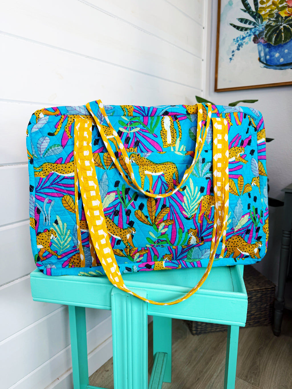 Quilted Weekender Duffle Overnight Bag - Aqua Tropical Jaguar
