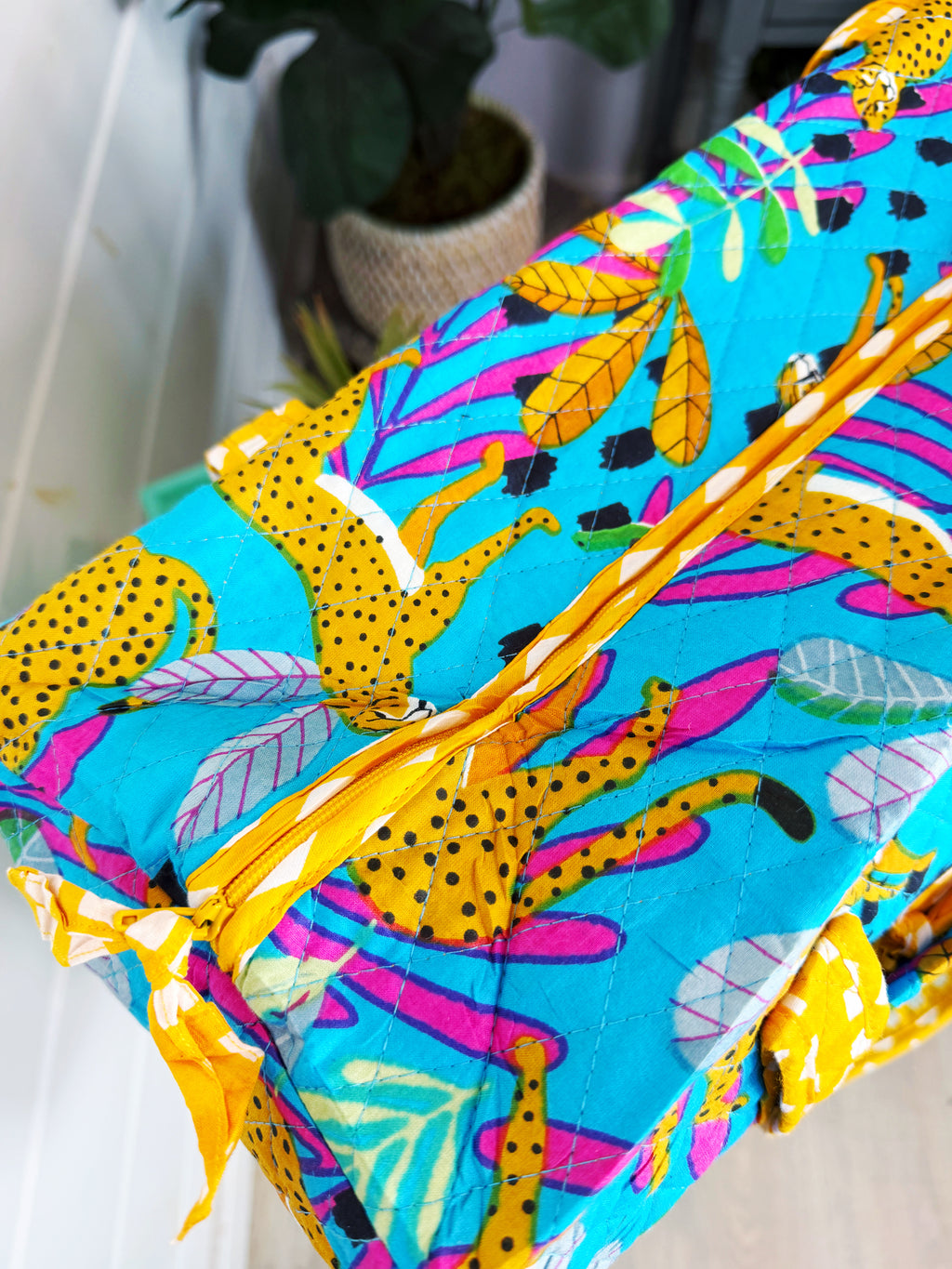Quilted Weekender Duffle Overnight Bag - Aqua Tropical Jaguar