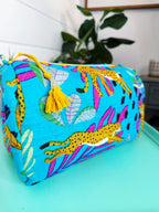 Quilted Makeup Cosmetics Toiletry Bag - Aqua Tropical Jaguar