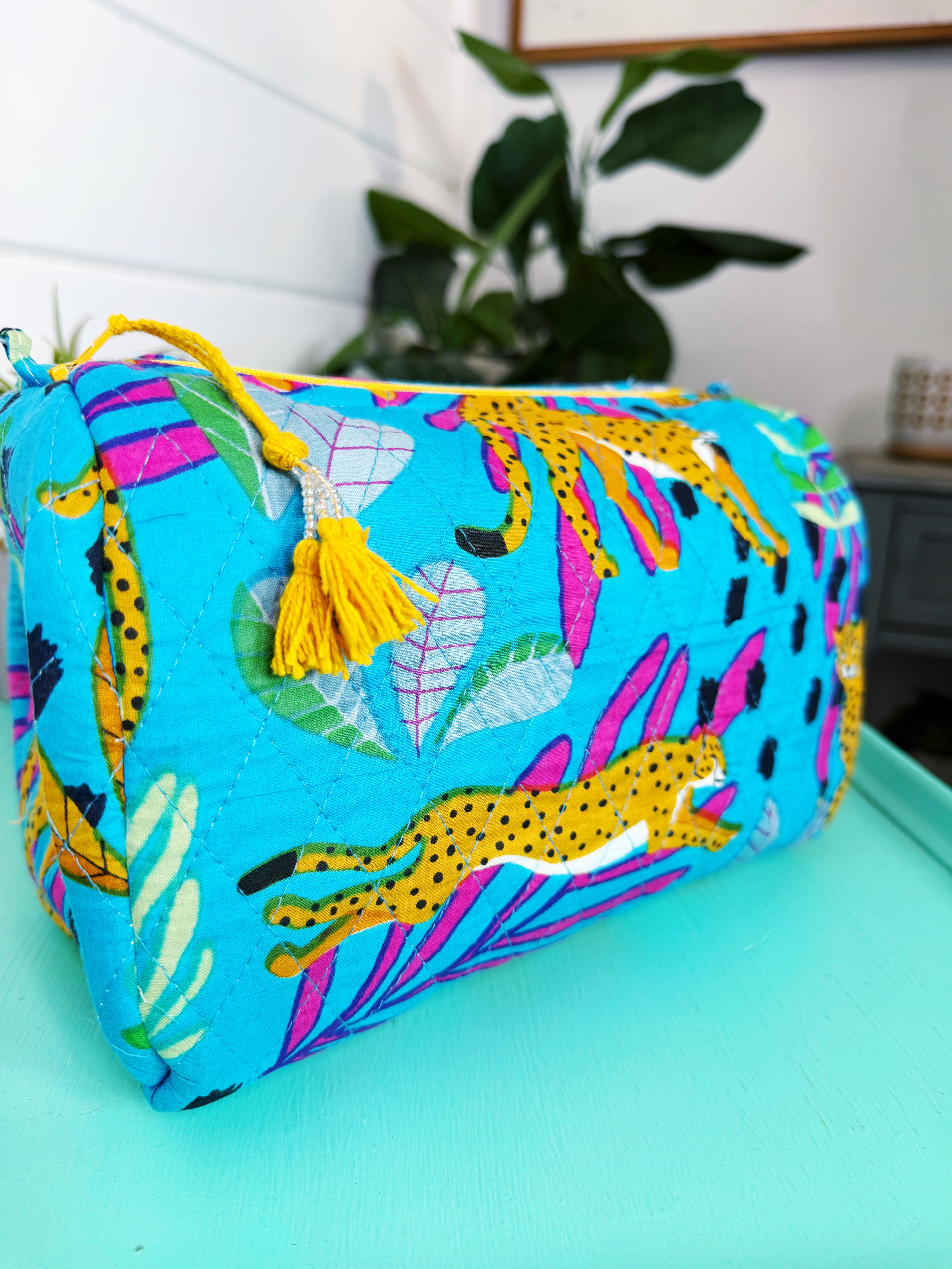 Quilted Makeup Cosmetics Toiletry Bag - Aqua Tropical Jaguar
