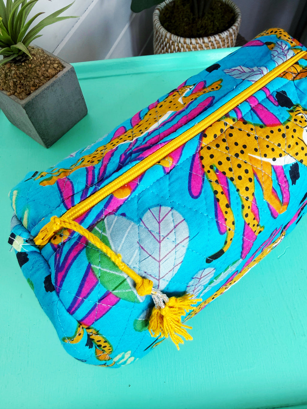 Quilted Makeup Cosmetics Toiletry Bag - Aqua Tropical Jaguar