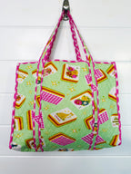 Quilted Cotton Reversible Large Tote Bag - Pistachio Mahjong