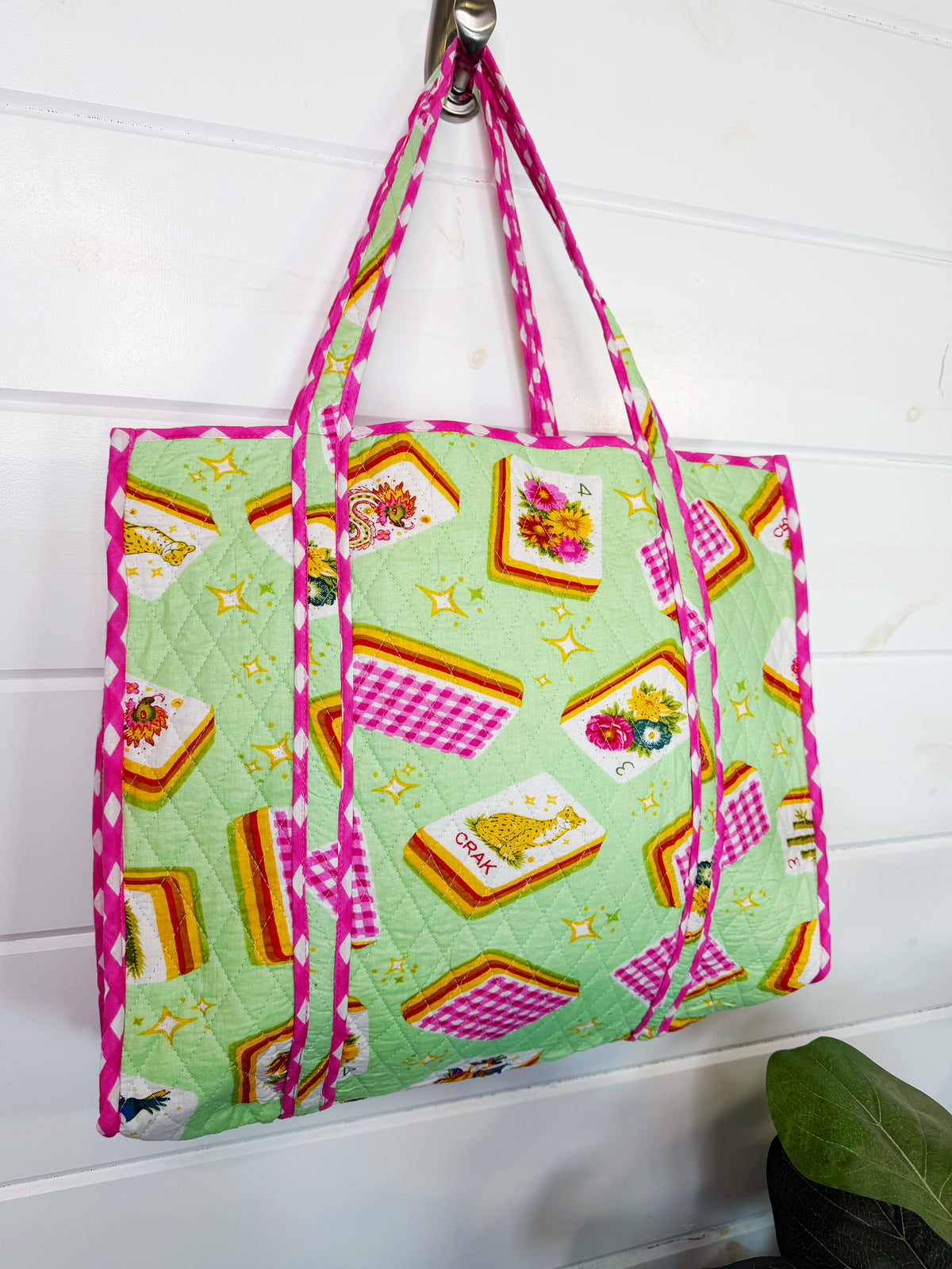 Quilted Cotton Reversible Large Tote Bag - Pistachio Mahjong