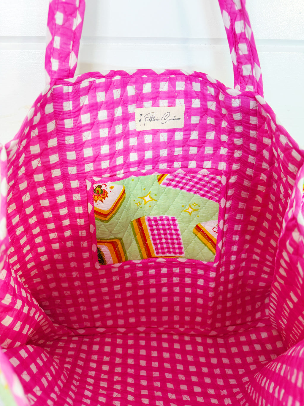 Quilted Cotton Reversible Large Tote Bag - Pistachio Mahjong