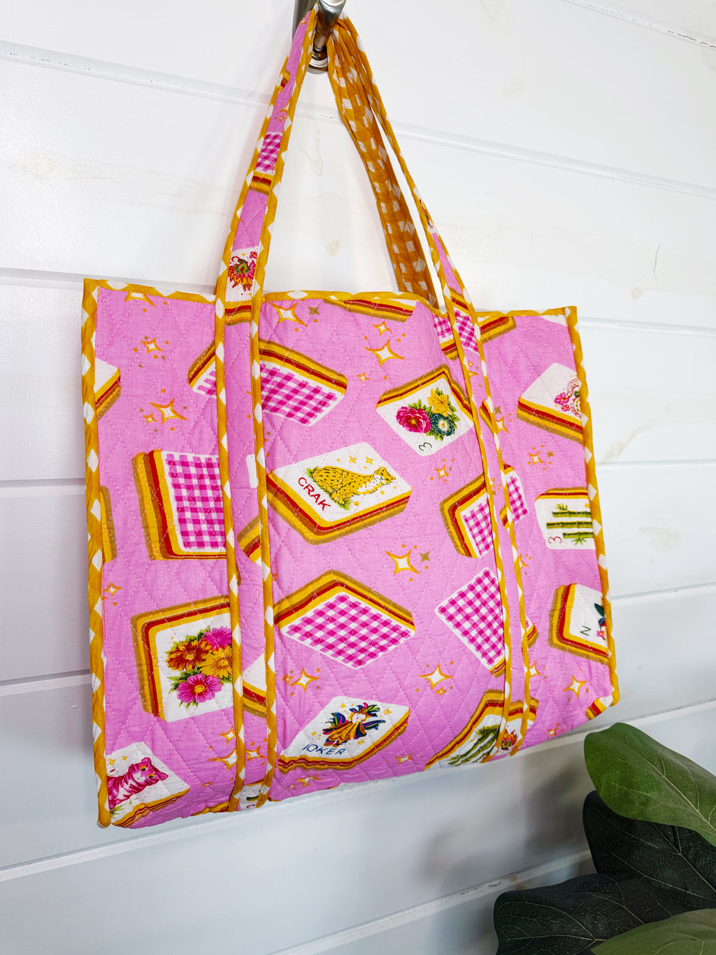 Quilted Cotton Reversible Large Tote Bag - Pink Mahjong