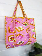 Quilted Cotton Reversible Large Tote Bag - Pink Mahjong