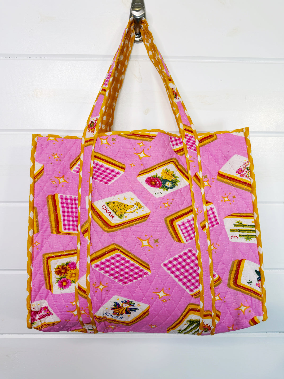 Quilted Cotton Reversible Large Tote Bag - Pink Mahjong