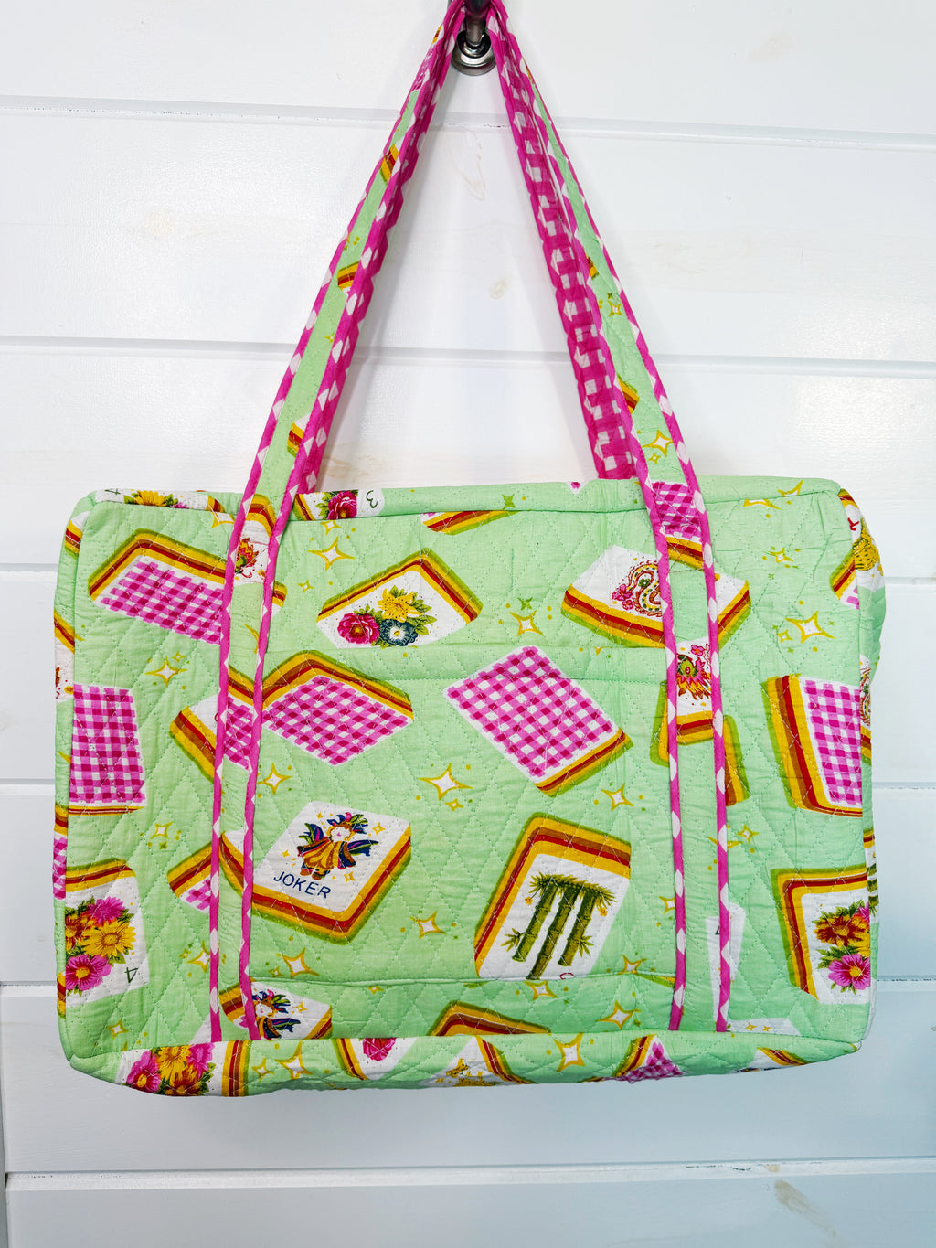 Quilted Weekender Duffle Overnight Bag - Pistachio Mahjong