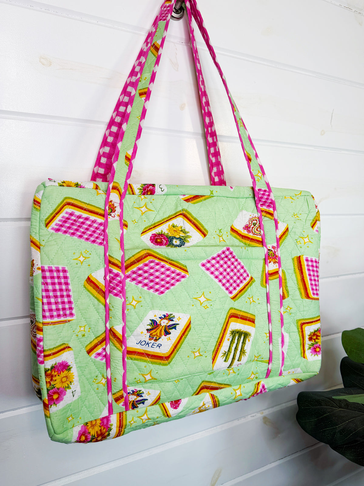 Quilted Weekender Duffle Overnight Bag - Pistachio Mahjong