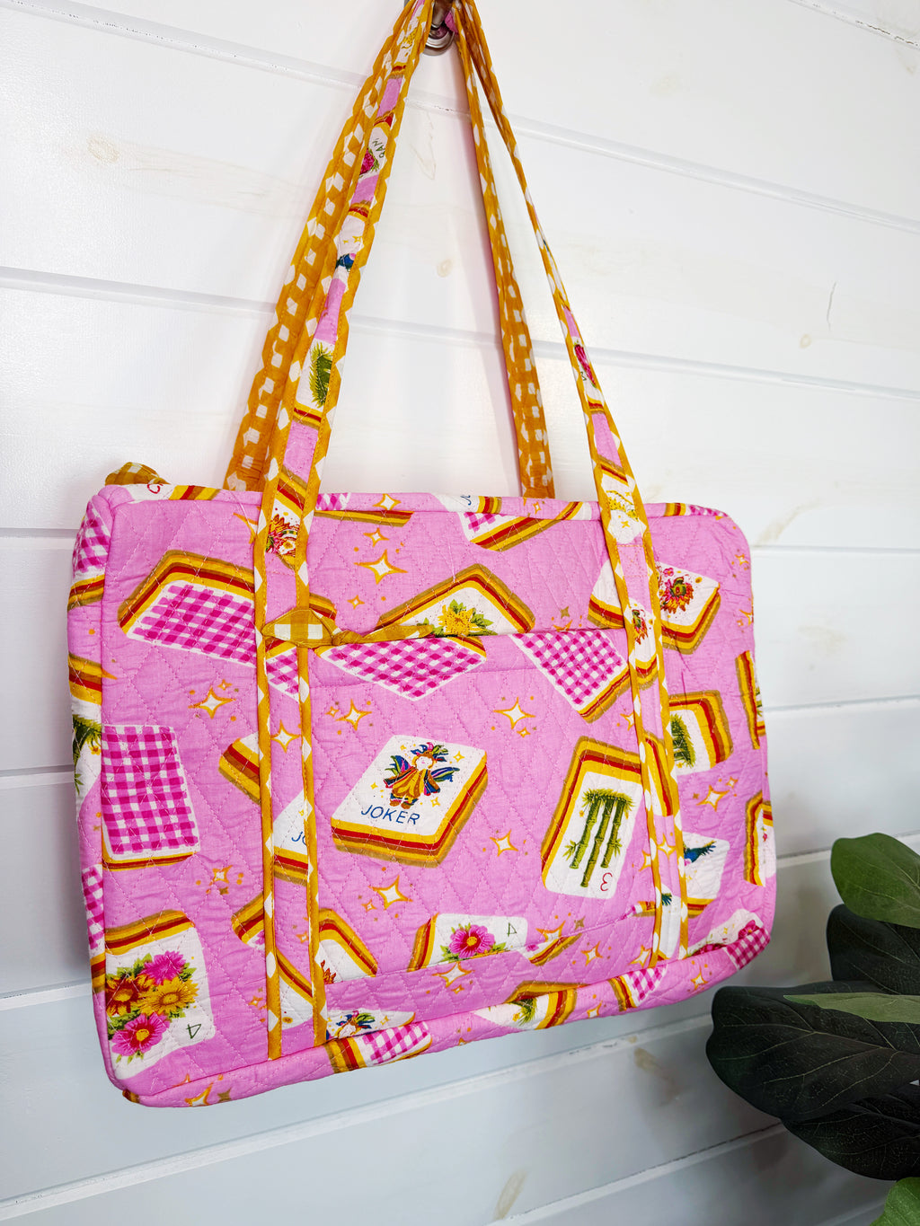 Quilted Weekender Duffle Overnight Bag - Pink Mahjong