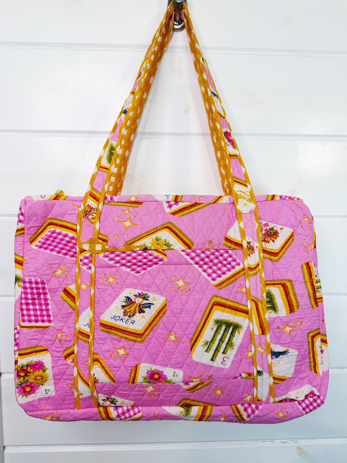 Quilted Weekender Duffle Overnight Bag - Pink Mahjong