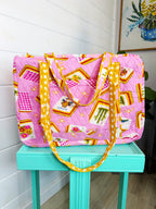 Quilted Weekender Duffle Overnight Bag - Pink Mahjong
