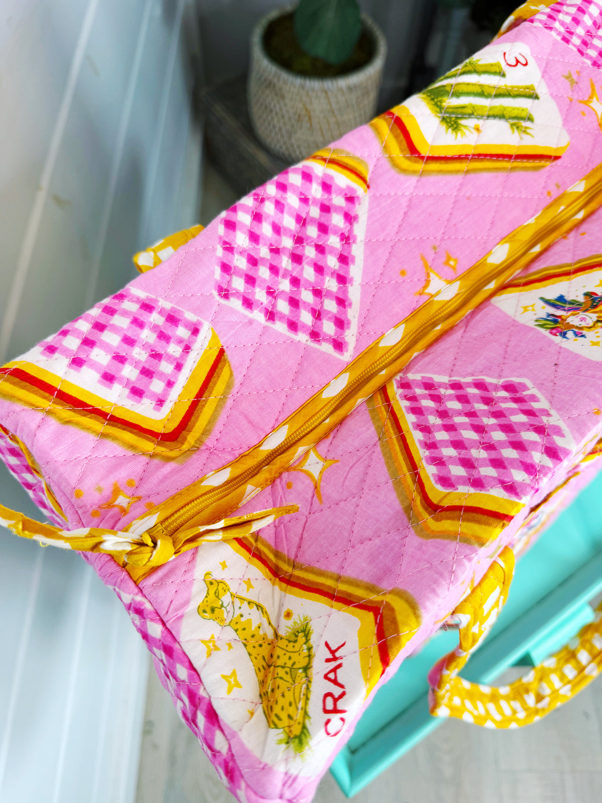 Quilted Weekender Duffle Overnight Bag - Pink Mahjong