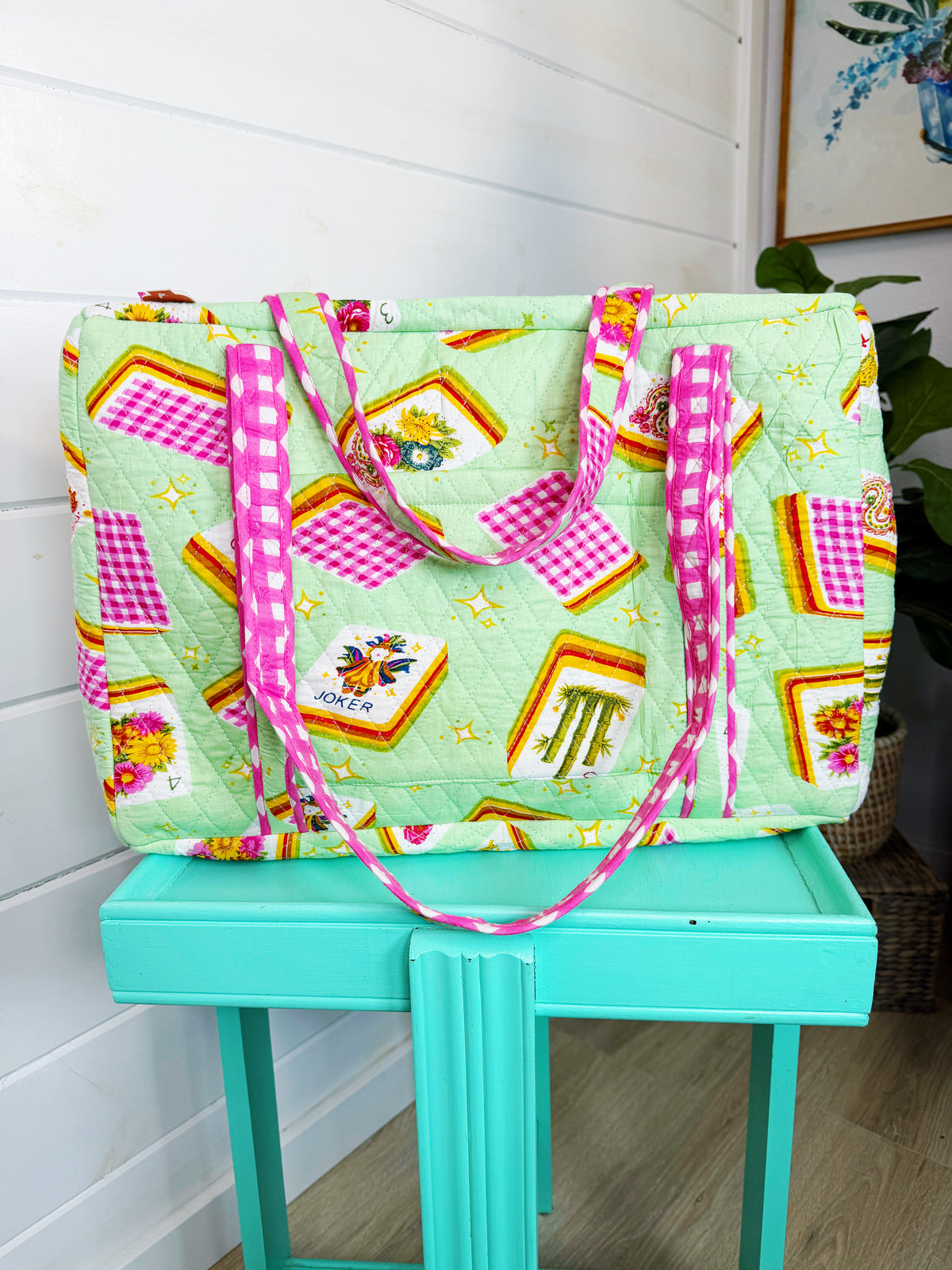 Quilted Weekender Duffle Overnight Bag - Pistachio Mahjong