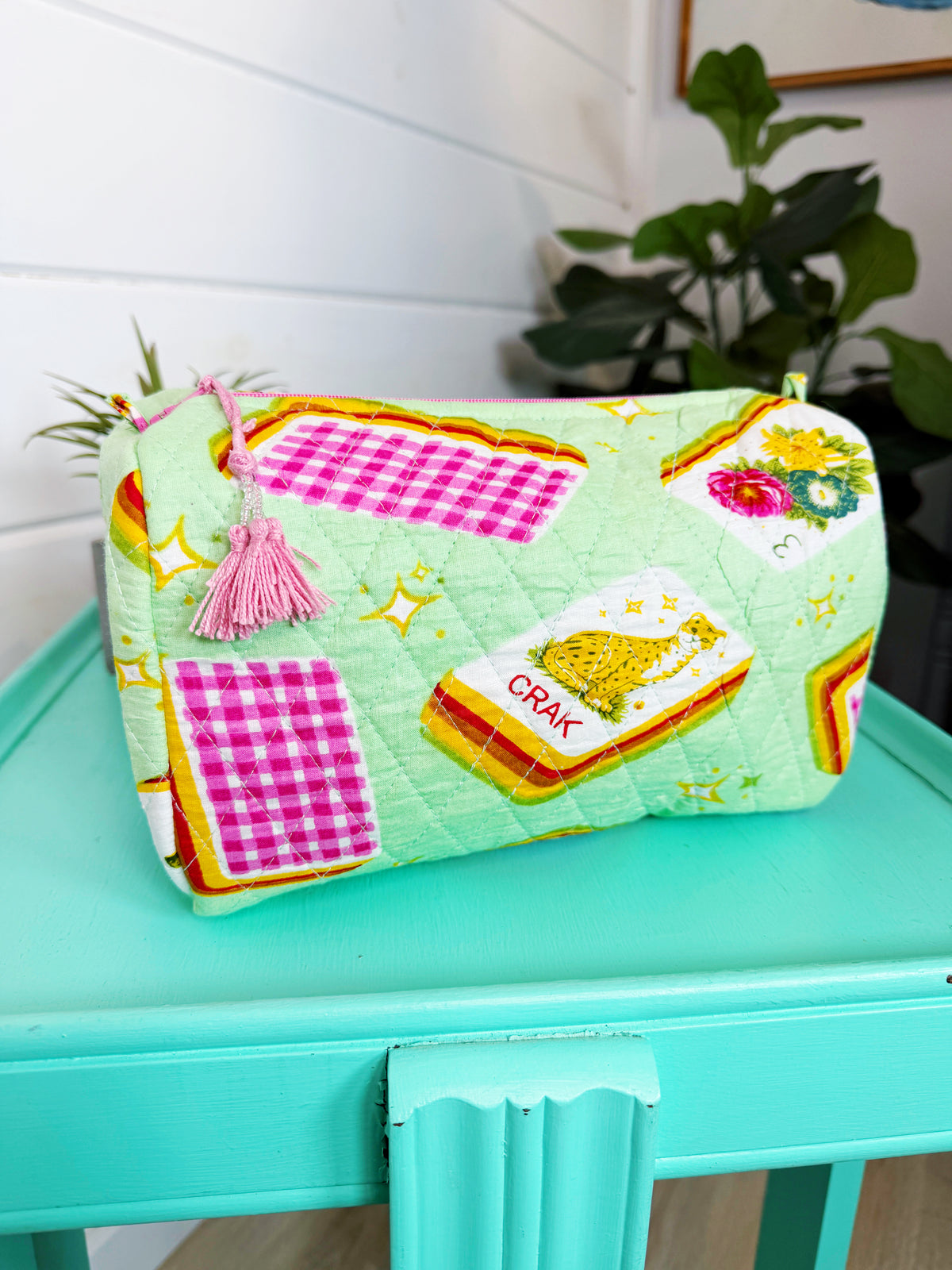 Quilted Makeup Cosmetics Toiletry Bag - Pistachio Mahjong