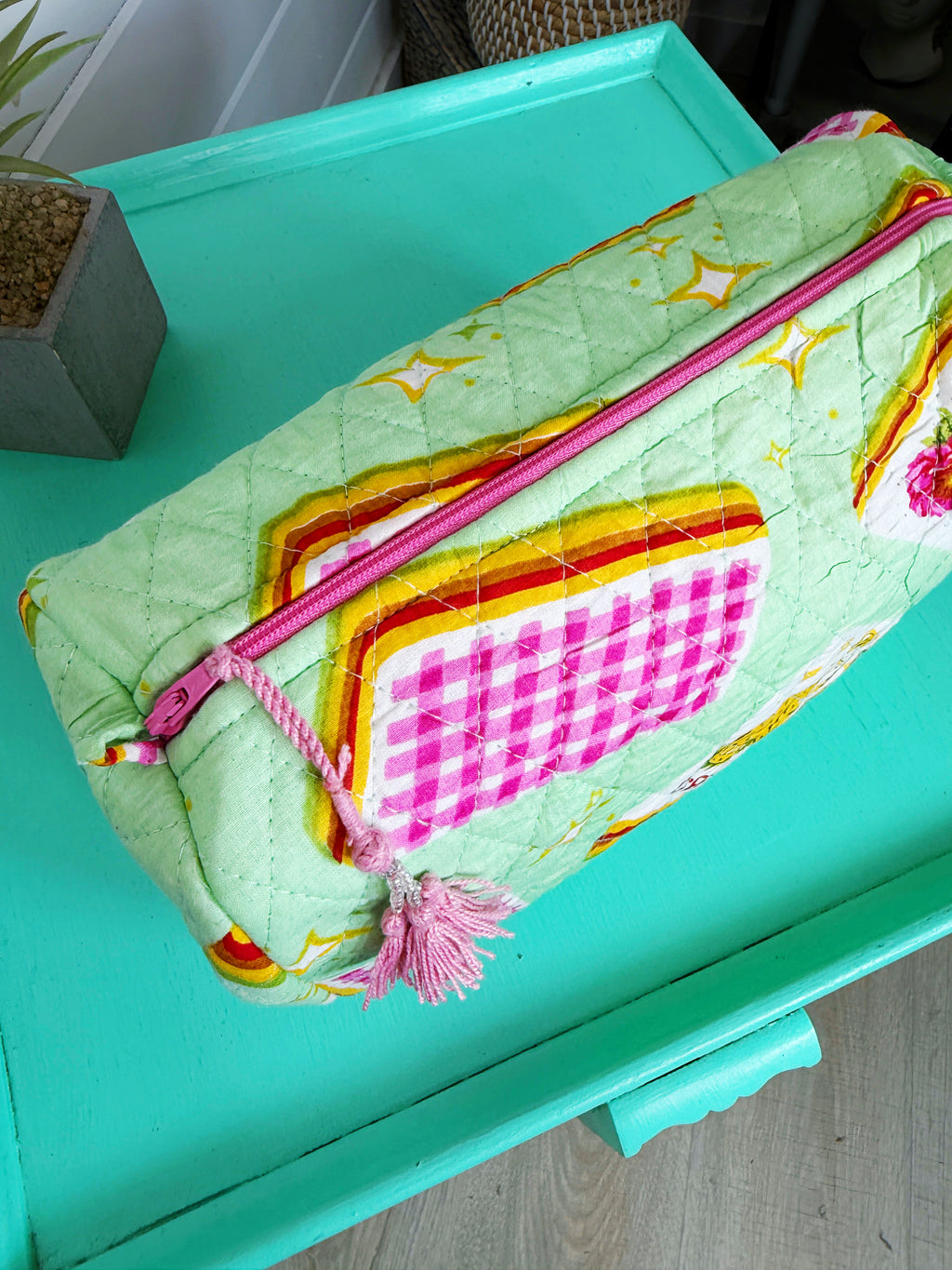 Quilted Makeup Cosmetics Toiletry Bag - Pistachio Mahjong
