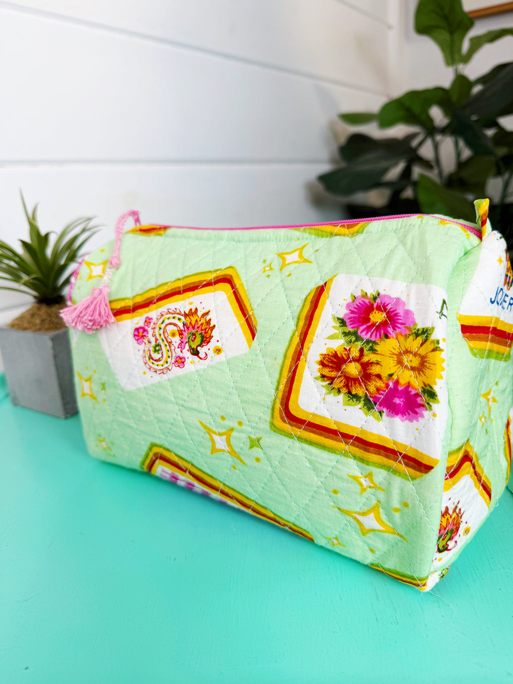 Quilted Makeup Cosmetics Toiletry Bag - Pistachio Mahjong