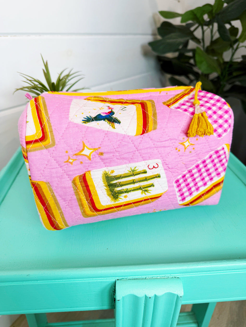 Quilted Makeup Cosmetics Toiletry Bag - Pink Mahjong