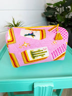 Quilted Makeup Cosmetics Toiletry Bag - Pink Mahjong