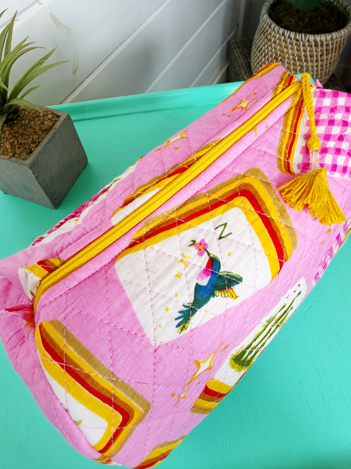 Quilted Makeup Cosmetics Toiletry Bag - Pink Mahjong