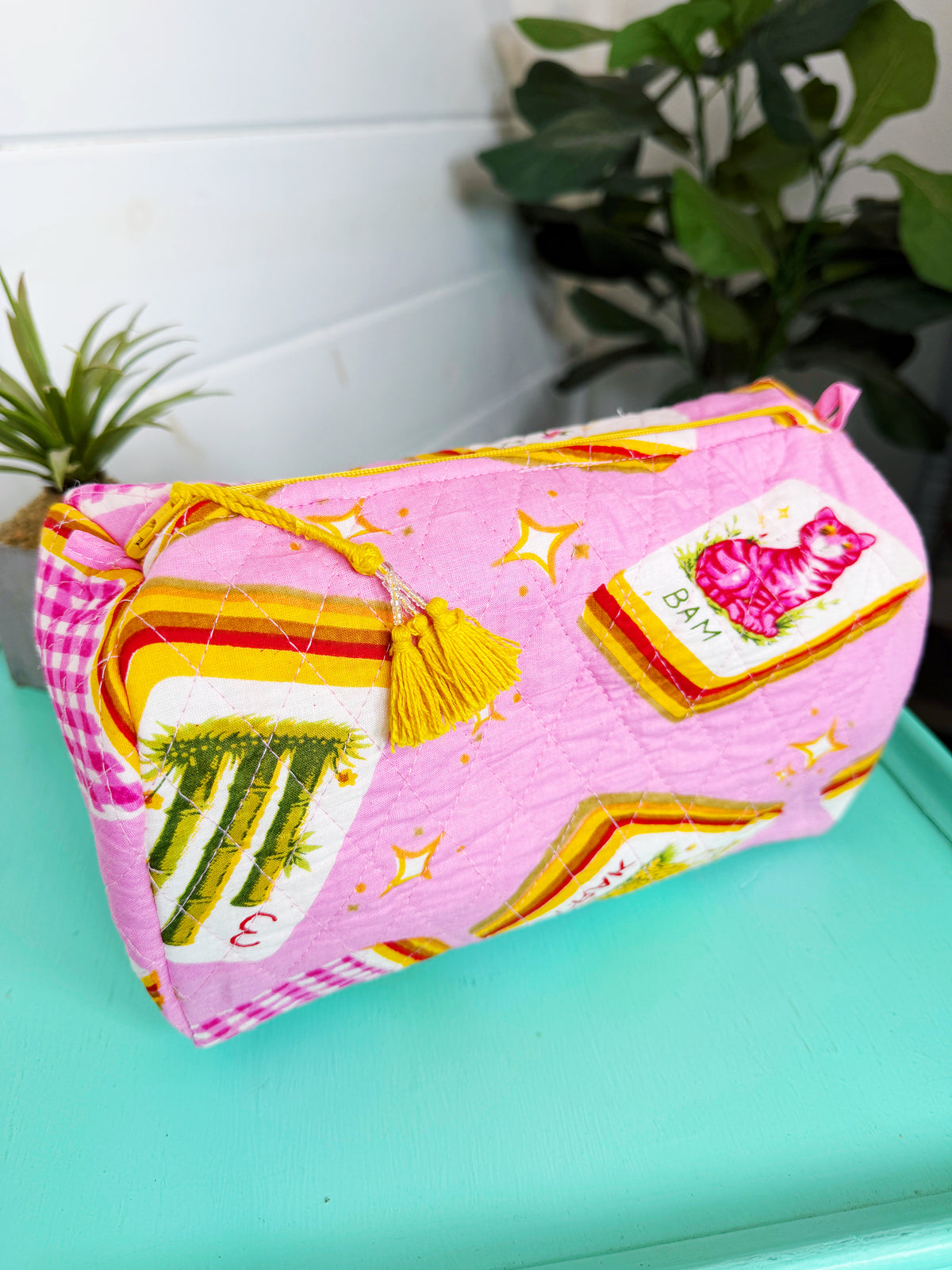Quilted Makeup Cosmetics Toiletry Bag - Pink Mahjong